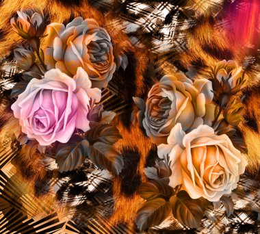 Renkli Desenler Çalışması, Leopar, Elbise Tasarımları. Tekstil, Kumaş, Yastık ve Modern Kolaj Şablonu. Dijital baskı elbisesi, moda tasarımları, baskı, moda desenleri.