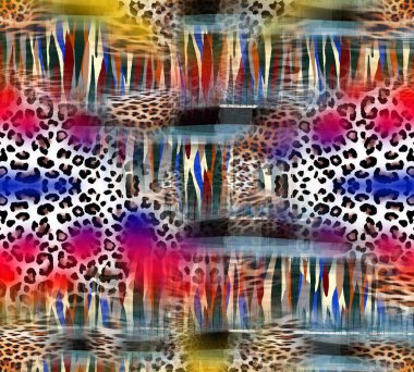 Renkli Desenler Çalışması, Leopar, Elbise Tasarımları. Tekstil, Kumaş, Yastık ve Modern Kolaj Şablonu. Dijital baskı elbisesi, moda tasarımları, baskı, moda desenleri.
