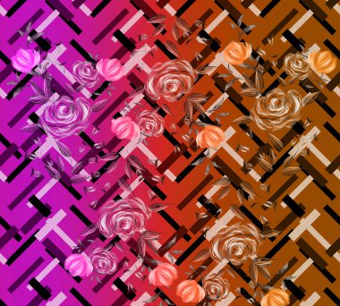 Tekstil illüstrasyonu. Yazdırma deseni. Duvar baskıları için soyut dijital illüstrasyon sanatı. Etnik çizgili çizgi deseni. Renkli moda deseni.