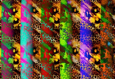 Renkli Desenler Çalışması, Leopar, Elbise Tasarımları. Tekstil, Kumaş, Yastık ve Modern Kolaj Şablonu. Dijital baskı elbisesi, moda tasarımları, baskı, moda desenleri.