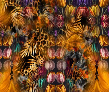 Renkli Desenler Çalışması, Leopar, Elbise Tasarımları. Tekstil, Kumaş, Yastık ve Modern Kolaj Şablonu. Dijital baskı elbisesi, moda tasarımları, baskı, moda desenleri.