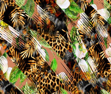 Renkli Desenler Çalışması, Leopar, Elbise Tasarımları. Tekstil, Kumaş, Yastık ve Modern Kolaj Şablonu. Dijital baskı elbisesi, moda tasarımları, baskı, moda desenleri.