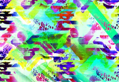 Dijital efektler. Kumaş deseni. Canlı soyut arkaplan. Renkli desen. Geometrik desen. Şölen dekorasyonu. Kumaş izleri, desenler, tekstil izleri, kıyafet desenleri, renkli çizgiler.