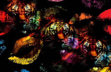 Dijital efektler. Kumaş deseni. Canlı soyut arkaplan. Renkli desen. Geometrik desen. Şölen dekorasyonu. Kumaş izleri, desenler, tekstil izleri, kıyafet desenleri, renkli çizgiler.