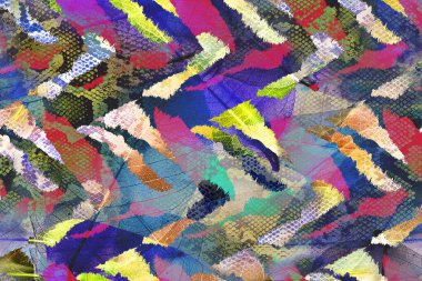 Geometri tekerrür deseni, doku arka planı, renkli desen çalışması ve tekstil deseni. Moda baskısı. Moda ve şık bir arka plan. Renkli dalgalı parlak yüzey dokusu.