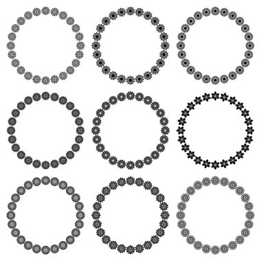 Vector set of round frames, geometric modern floral ornament. A collection of elegant black circle borders. Pattern for social media design, wedding, invitations, web banners, greeting cards, plates