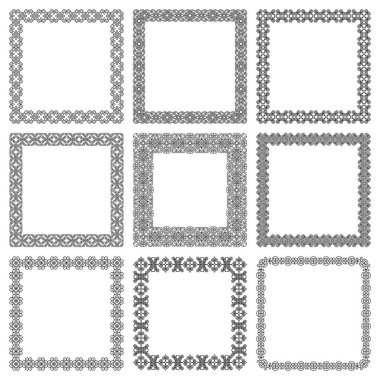 Beyaz arkaplanda izole edilmiş kare genişliğinde ve dar siyah çerçeveler. Basit geometrik şekiller ve girdaplar. Metin dekorasyonu, kağıda baskı, tekstil, davetiye kartları için. Vektör illüstrasyonu