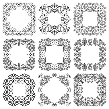 Beyaz zemin üzerinde izole edilmiş kare genişliğindeki siyah çerçeveler ve vignettler. Girdaplı çiçekli geometrik desenler. Metin tasarımı, kağıda baskı, tekstil, davetiye kartları için. Vektör illüstrasyonu