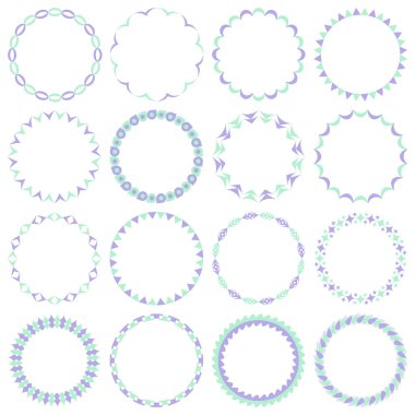 Basit geometrik desenli yuvarlak çerçevelerin vektör kümesi. Kağıt ve tekstil baskısı için narin pastel nane ve leylak rengi çerçeveler. Tabak, pankart, broşür ve nakış tasarımı için.