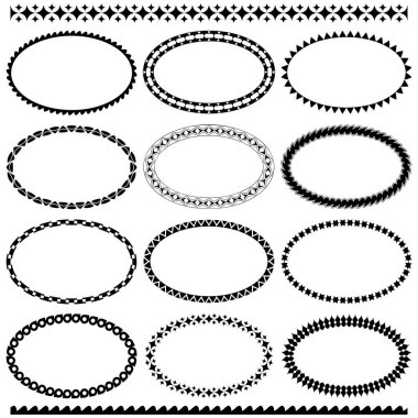 Oval çerçeveler ve iki tane pürüzsüz siyah fırça. Beyaz arkaplanda izole edilmiş metin için alanı olan ince boş çerçevelerin toplanması. Şablon tasarımı, kağıda baskı, tekstil için