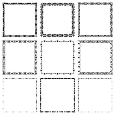 Arka planda izole edilmiş siyah geometrik süslemeleri olan vektör kare çerçeveler. Metinler, tebrik kartları, davetiyeler, sertifikalar, web afişleri, broşürler, kartvizitler için zarif dekoratif desen