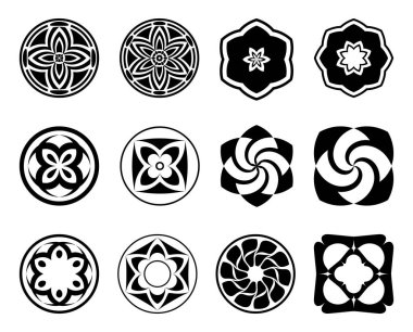 Yuvarlak, kare, çokgen soyut siyah desenlerin toplanması beyaz arka planda izole edilmiş. Logo tasarımı, kapağı ve kağıt üzerine baskı için modern tarzda süsleme elementleri. Vektör illüstrasyonu