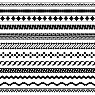 Modern tarzda, pürüzsüz fırçalar seti. Sertifikalar, friezler, çerçeve, kart, davetiye, pankart, kağıda yazdırma için basit geometrik desenlere sahip dar ve geniş kenarlıklar koleksiyonu