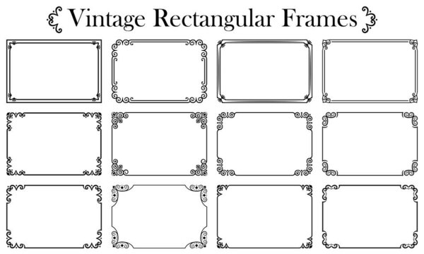 Set of rectangular black frames isolated on white background. Abstract vintage geometric patterns with swirls. For text design, printing on paper, textiles, business cards, banner. Vector illustration