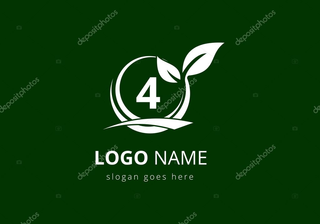 Initial 4 monogram alphabet with circle leaf and swoosh. Eco-friendly black logo concept
