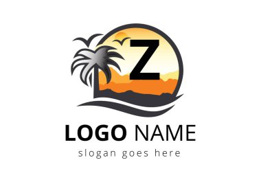 Z harfi üzerinde plaj logosu var. Sunset Summer Travel Logo Beach, Sea, Sunset Logo Tasarım Vektör Şablonu.