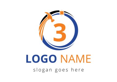 Harf 3 Çekiç Logosu İnşaat, Ahşap Tamir Şirketi Sembol Vektör Şablonu. İnşaat işi ve şirket kimliği için modern vektör logosu