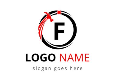 İnşaat için F Hammer Logosu, Ahşap Tamir Şirketi Sembol Vektör Şablonu. İnşaat işi ve şirket kimliği için modern vektör logosu