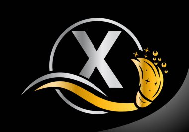 Harf X Temizlik logosu, Temizlik fırçası logosu Tasarım Vektörü Şablonu.