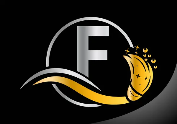 F harfi temizlik logosu, temizlik fırçası logosu tasarım vektörü şablonu.