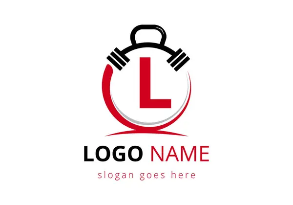 Halterli L harfi logosu. Spor salonu logosu. Vektör logosu tasarımı kaldırılıyor. Vücut geliştirme için vektör logosu