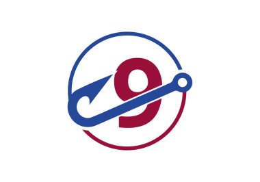 İlk 9 harfli harfli alfabe ve olta iğnesi. Balık logosu konsepti vektör illüstrasyonu