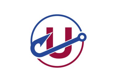 U harfinin baş harfleri ve olta iğnesi. Balık logosu konsepti vektör illüstrasyonu