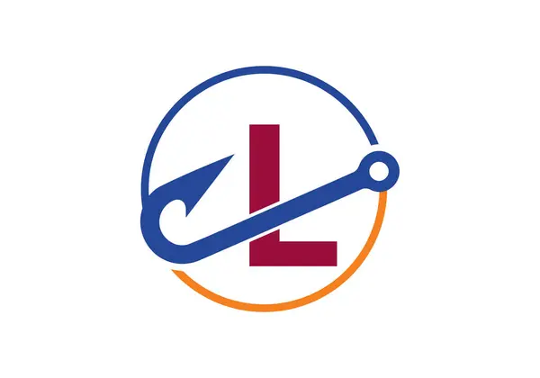 L harfinin baş harfli alfabesi ve olta iğnesi. Balık logosu konsepti vektör illüstrasyonu