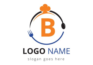 B harfi logosu, Şef Şapka, kaşık ve restoran logosu için çatal. Kafe, restoran, aşçılık işi ve şirket kimliği için modern vektör logosu