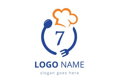 Logo Restoranı 7. Mektup Konsepti. Kafe, restoran, aşçılık işi ve şirket kimliği için modern vektör logosu