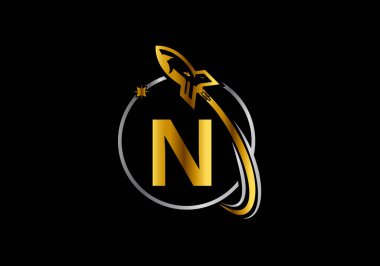 Harf N Vektör Şablonu Tasarımı Üzerine Roket Logosu. Roket ikonu. Yazı tipi amblemi. İş ve şirket kimliği için modern vektör logosu.