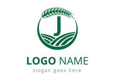 J harfi üzerinde tarım logosu. Tarım Sembol Vektörü Şablonu için Buğday Logosu.