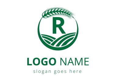 R harfi üzerinde tarım logosu. Tarım Sembol Vektörü Şablonu için Buğday Logosu.