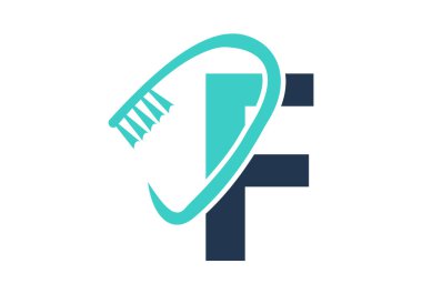 Baş harf F Diş Logosu Diş fırçası Sembolü ile birleşiyor. Diş Bakımı logosu vektör şablonu dizayn etti