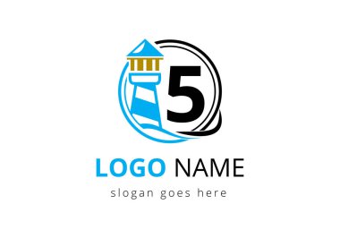 Harf 5 Deniz feneri Logosu Tasarım Vektör Şablonu. İş, organizasyon veya web sitesi için modern vektör fener logosu