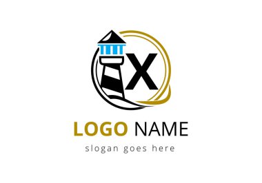 X Harfi Deniz Feneri Logo Tasarım Vektör Şablonu. İş, organizasyon veya web sitesi için modern vektör fener logosu