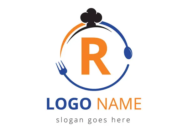 Aşçı şapkalı R harfi logosu, restoran logosu için çatal ve kaşık. Kafe, restoran, aşçılık işi ve şirket kimliği için modern vektör logosu