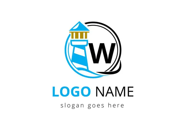 W Harfi Deniz Feneri Logosu Tasarım Vektör Şablonu. İş, organizasyon veya web sitesi için modern vektör fener logosu