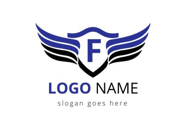 Kanat logosu dizaynlı İngiliz alfabesi F. Ulaşım Logosu Harfi ve Kanatları Konsepti