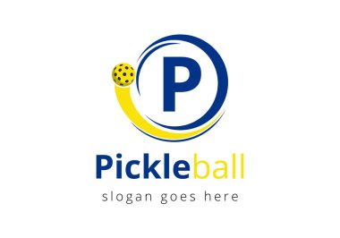 Hareketli Pickleball Sembolü ile Pickleball Logosu Konsepti ile P harfi alfabesi