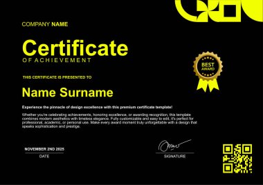 Basit minimalist şablon sertifikası siyah ve sarı