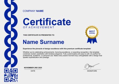 Çember süslemeleri ile basit şablon minimalist sertifika mavi rengi