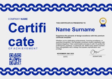Çember süslemeleri ile basit şablon minimalist sertifika mavi rengi