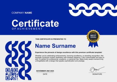 Çember süslemeleri ile basit şablon minimalist sertifika mavi rengi
