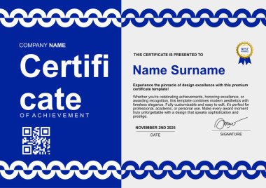 Çember süslemeleri ile basit şablon minimalist sertifika mavi rengi