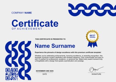 Çember süslemeleri ile basit şablon minimalist sertifika mavi rengi