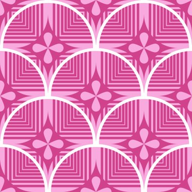 Geometrik şekilli kusursuz desen. Vektör çizimi. Pembe ve beyaz renkler.