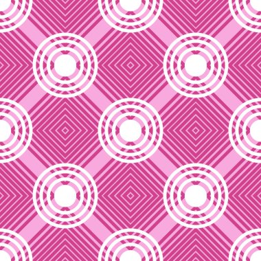 Geometrik şekilli kusursuz desen. Vektör çizimi. Pembe ve beyaz renkler.