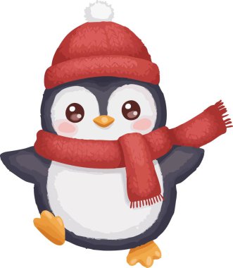 Çizgi film Kawaii Pengueni Kışın kırmızı örgü şapka ve atkı takıyor