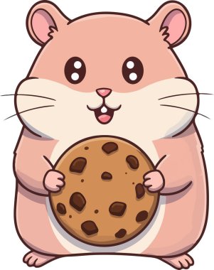İki eliyle büyük bir kurabiye tutan sevimli kawaii tarzı bir hamster, heyecanlı bir ifade, yumuşak yuvarlak bir vücut, küçük ayaklar ve yumuşak pastel renkler içeriyor. Çekici bir çizgi film tarzında tasarlanmış, bu resim çocuk ürünleri için mükemmel.